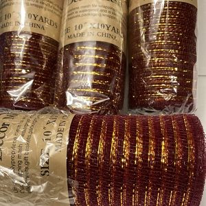 4 Burgundy Red Gold Christmas Fall Crafts Deco Mesh Wreath Gift Wrap 10" 10yd
